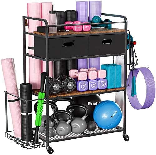 Yoga Mat Storage Racks,Home Gym Equipment Storage Rack,Weight Rack for Dumbbells Kettlebells and Strength Training Equipment,Dumbbell Rack with Wheels and Hanging Hooks