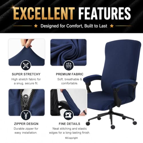 Image of Stretch Computer Office Chair Cover with Armrest Covers Durable Zipper Universal Washable Removable Spandex Rotating Boss Chair Slipcovers Anti-dust Soft Desk Chair Seat Protector, Navy