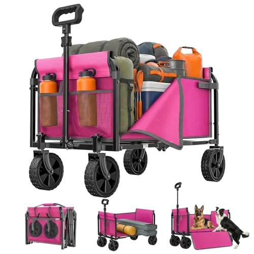 Holacamking Portable Collapsible Wagon Cart Foldable Cart with Removable Side Utility Groceries Wagon for Dogs Cats Camping Beach Shopping Sports Gardeing Fishing Pink