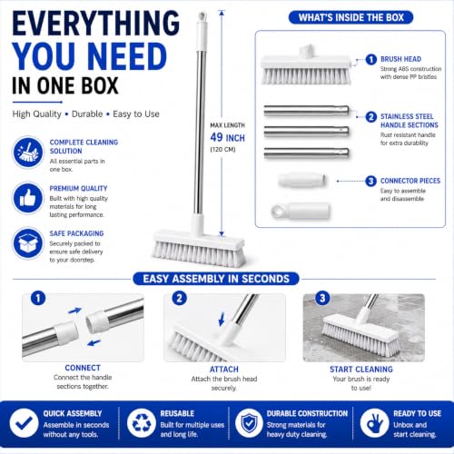 Image of Bathroom Floor Cleaning Brush with Long Handle & Wiper, 2 in 1 Floor Scrub Brush for Tiles, Bathroom, Kitchen & Wet Floor Cleaning, Hard Bristle Cleaning Broom with Stainless Steel Rod