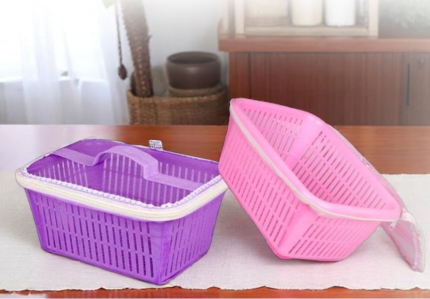 Image of GI9IUS Round Shape Plastic Fruit & Vegetable Basket with Net mesh (Jali) | Vegetables & Fruit Bowl for Dining Table,Kitchen Fruit Storage Basket with Zip Net Cover (PURPLE+PINK)