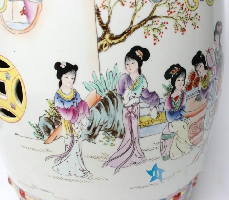 Garden Stool Pastel Hand-Painted Antique Lady-in-Waiting Drum Stool | Decorative Porcelain Garden Stool for Vanity and Home Decor Ottomans