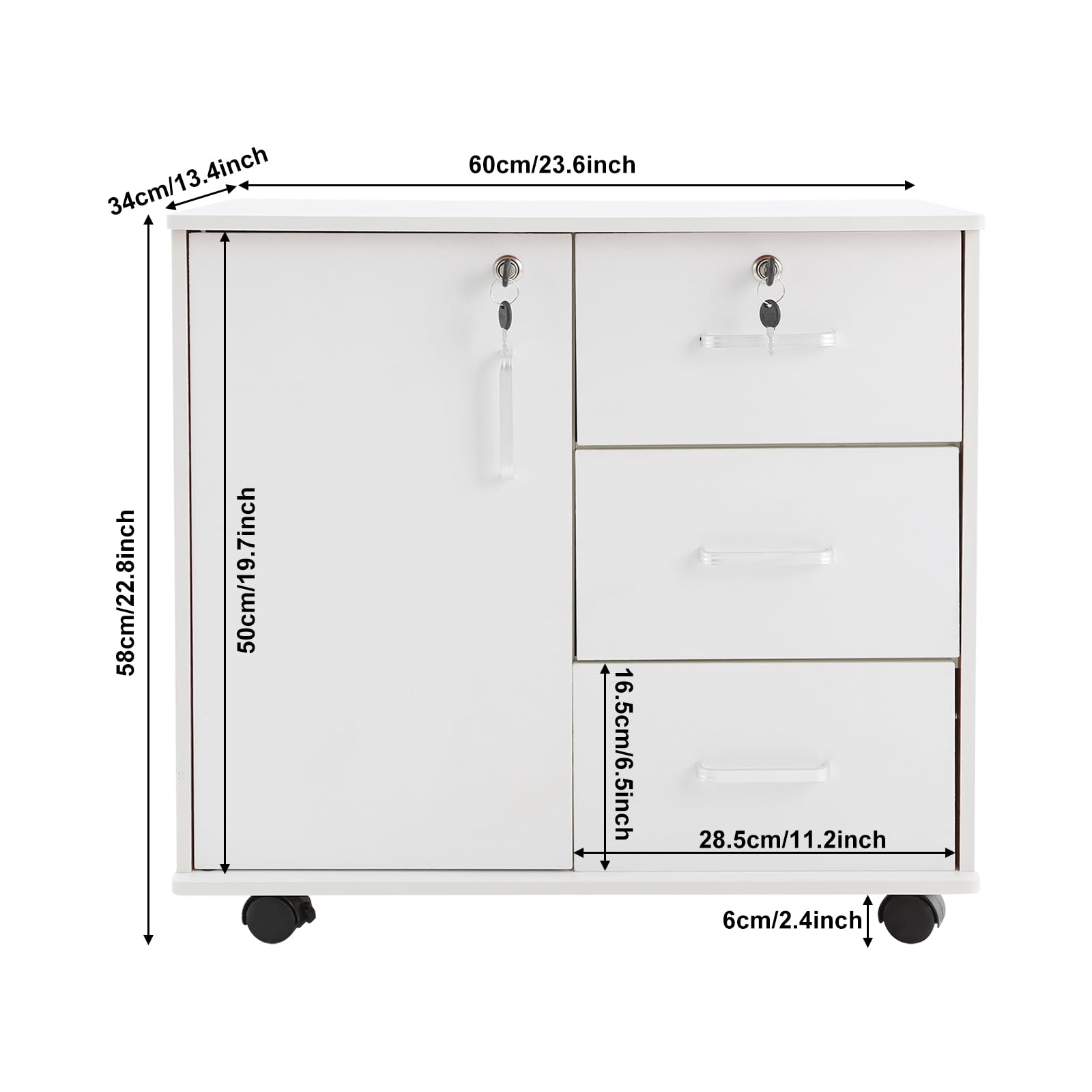 Cassettiera con 3 cassetti e anta da 60 cm, bianco caldo | Per ufficio e soggiorno, 3 cassetti + porta, 4 ruote, portata fino a 60 kg, compatto