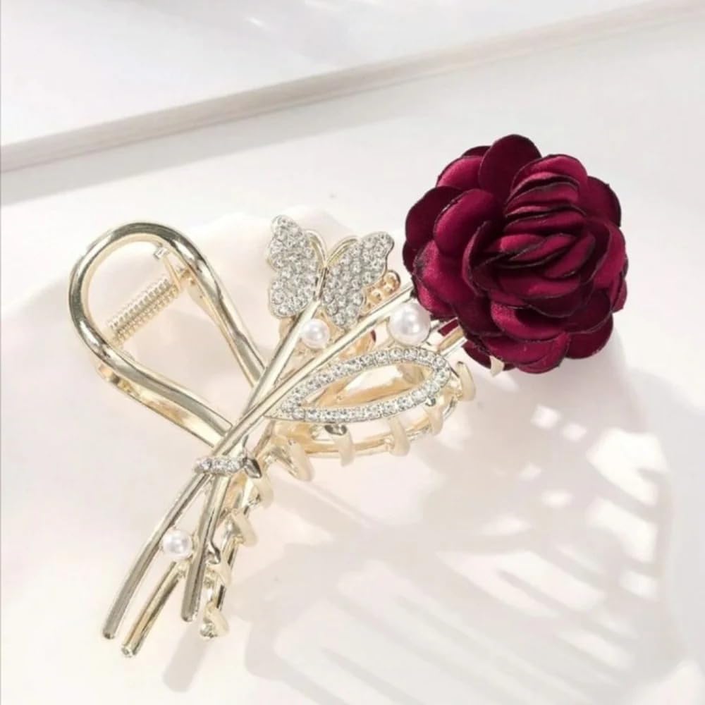 DENICRAAS Elegant Stone -Studded Red Rose Hair Claw/Clips For Girls And Women with Crystal Butterfly and Gold-Tone Hair Clip (Pack Of 1)-image-4