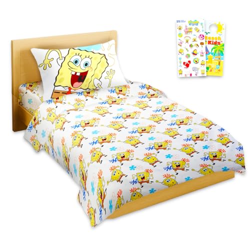 Spongebob Sheet Set - Bundle of Spongebob Bedding Including: Flat Sheet Fitted Sheet and Pillowcase for Twin Bed Plus Stickers More for Kids