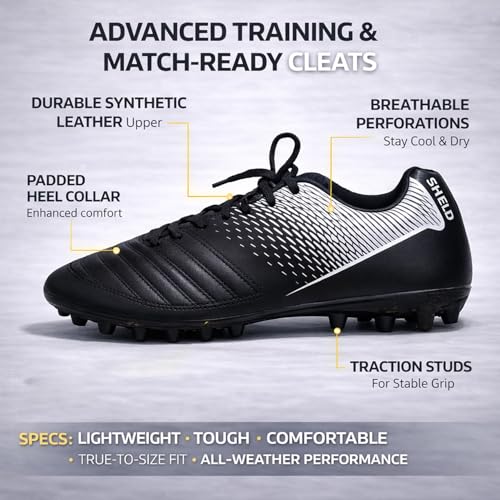 Image of Anza Shield Football Boots for Men, Black and Silver, Polyurethane, Lace-Up, Low Top, Lightweight and Durable Semi Stud
