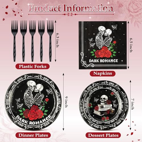 G1ngtar 96Pcs Dark Romance Book Lover Skull Rose Black Gothic Party Plates Supplies Tableware Decorations Disposable Paper Plates Napkins Forks for Birthday, Serves 24 - image 2