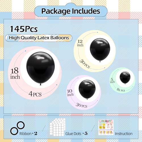145pcs Black Balloons Different Sizes 18" 12" 10" 5" Black Latex Balloon Garland Arch Kit for Birthday Baby Shower Wedding Engagement Bachelorette Bridal Anniversary Graduation Party Decorations - Image 4