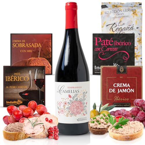 UNIVERSO GOURMET | Cesta Gourmet para Regalar | Vino Tinto Tempranillo 75cl + Patés y Cremas Ibéricas 70gr | Regaña Artesanal | Delicatessen Española para Degustar o Sorprender | Cesta Regalo