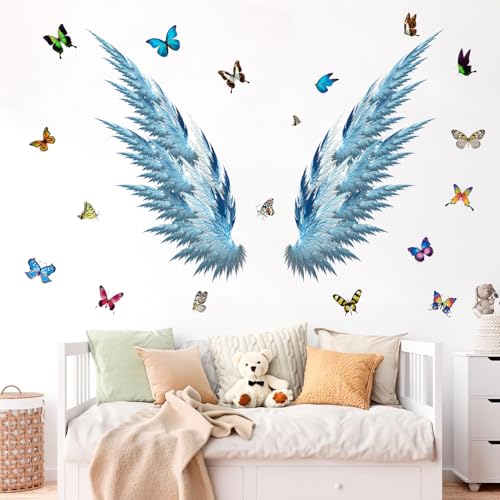 Vinilo Decorativo Alas de Ángel Azul y Mariposas