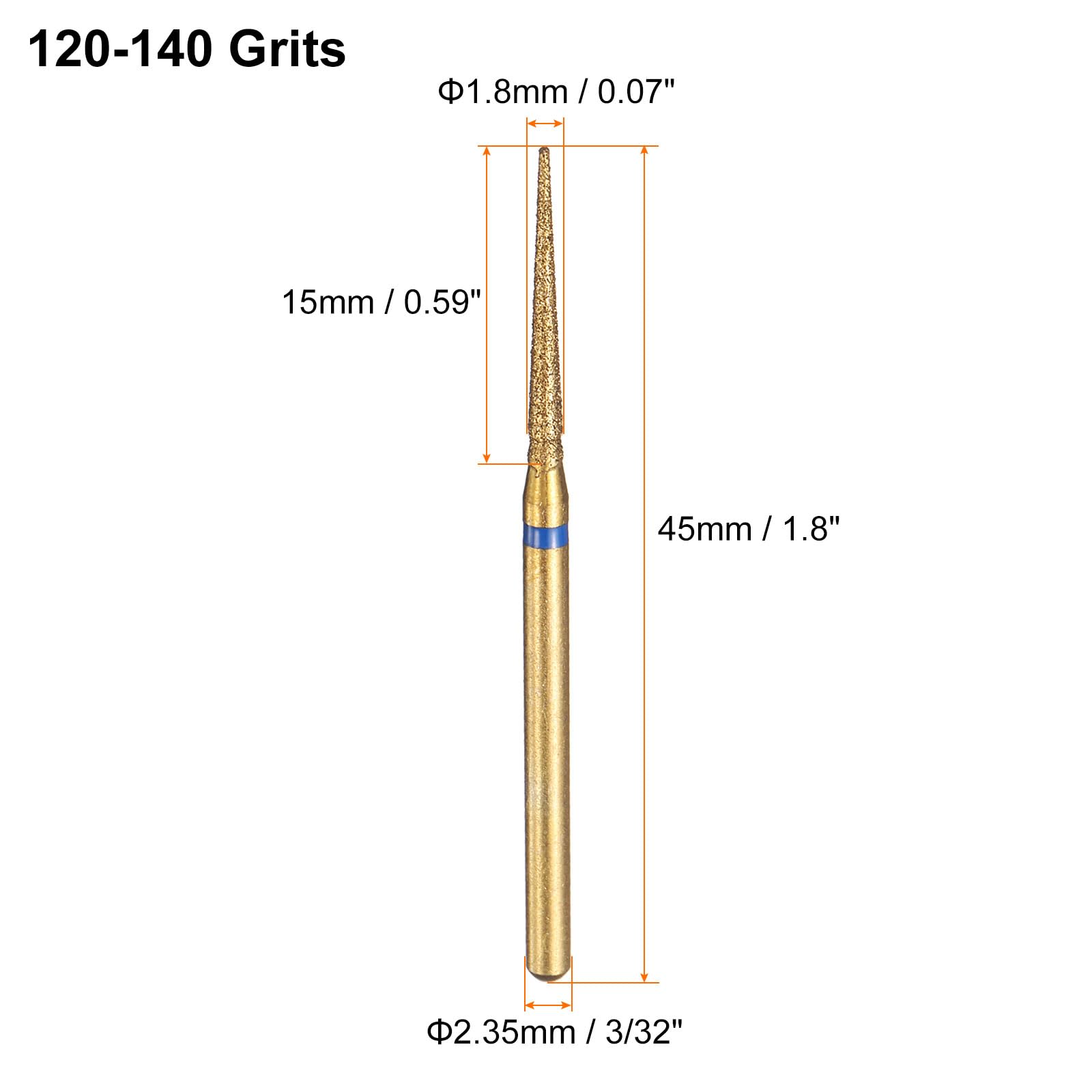 HARFINGTON 8pcs 120-140 Grits Diamond Grinding Bit 2.2mm Tapered Head 2.35mm Shank 10mm Length Titanium Plated Stone Sanding Drill Bits Rotary Tool for Nails Grinding Polishing