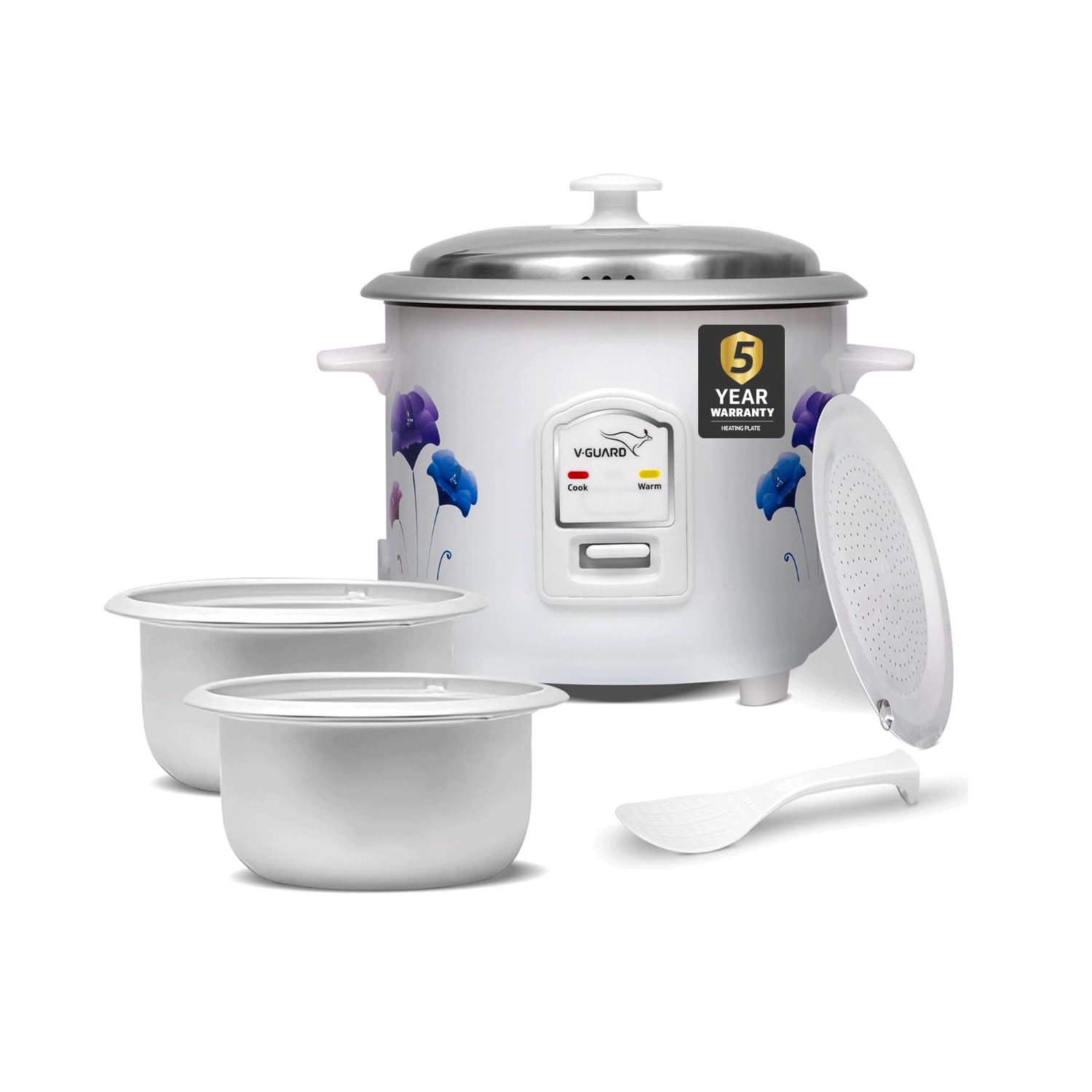 V-Guard VRC 1.0 (2B) 1-Litre Electric Rice Cooker Small with 400 W Power (New Launch) | 2 Pots, Spatula, Rice Separator | 2-Year Product & 5-Year Heating Plate Coverage by V-Guard | Automatic Cooking with Double-layer Body & Cool Touch Handles-image-12