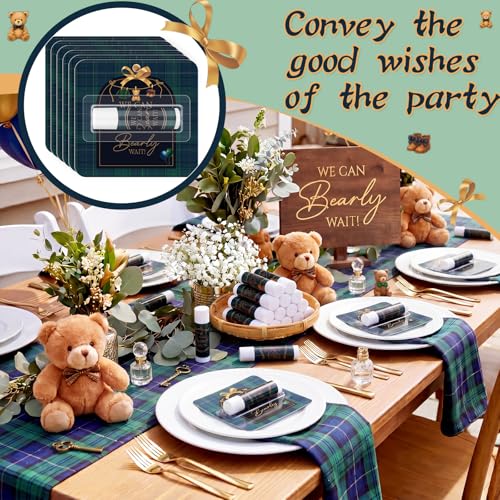 Image of 24 Pcs Tartan Plaid Bear Baby Shower Favors Lip Balm Bulks We Can Bearly Wait Bear Party Gifts for Guests Green Tartan Plaid Lip Balm Gender Reveal Party Favors Game Prizes for Boy Girl Shower