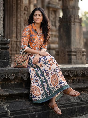 Image of HELLCAT Floral Brown Women Dress|New Trending Dress for Women|Western 3 /4 Sleeve A-line