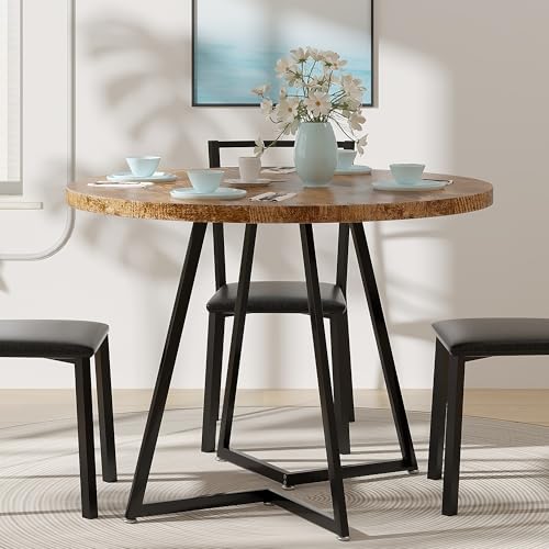 Image of VECELO 35 inch Round Dining Table for 4, Wood-Grain Tabletop & Heavy-Duty Steel Frame, for Kitchen, Living Room, Easy Assembly, Antique Brown