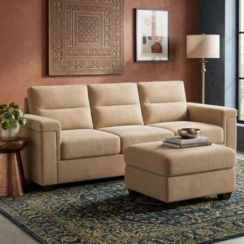 Image of FURNY Parker 3 Seater Sofa Set with Ottoman | Premium Suede Velvet Fabric Finish | Durable Comfort Sofa for Modern Living Room & Office Spaces (Beige)