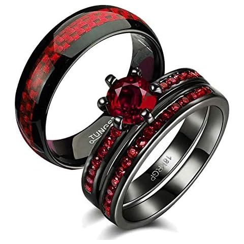 Gy Jewelry Two Rings His and Hers Wedding Ring Sets Couples Rings Women's 2PC Black Gold Filled Red Agate Cubic Zirconia Wedding Engagement Ring Bridal Sets & Men's Tungsten Carbide Wedding Band Cover