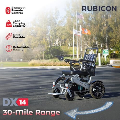 Image of Rubicon DX14 - Longest Range 30 Miles, Airline Approved Electric Wheelchair, Dual 12AH Lithium Batteries, 2x300W Motors, Leather Cushion, Foldable, Lightweight & Powerful (Silver)