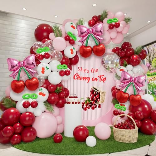 Bonropin Cherry Balloon Arch Kit Burgundy Pink White Transparent Pink Bow Red Cherry Foil Green Long Balloons for Girls Birthday She is Cherry on Top Baby Shower Wedding Bridal Party Decorations