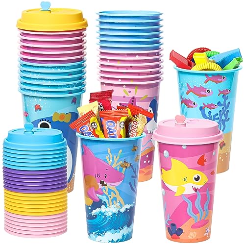 Lidmada Shark Party Favors Goodie Cups with Lids 24 Pack Birthday Party Cups in 4 Colors 16OZ Plastic Ocean Shark Themed Reusable Party Supplies Decorations Cups for Baby Kids Christmas Winter Gifts