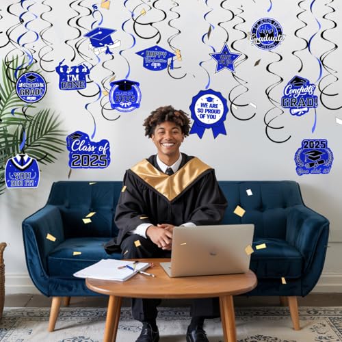 Image of Graduation Hanging Swirls, Graduation Decorations Class of 2025, 30 PCSBlue and Black Graduations Party Decoration Congrats Grad Hanging Swirls Ceiling Streamers for School Graduations Party Supplies