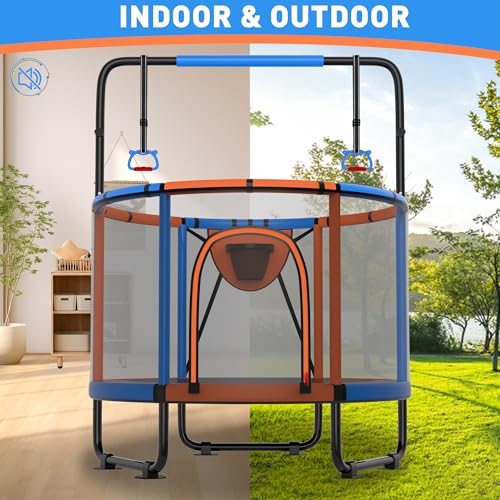 Trampoline for Kids 600LBS 4.5FT 5FT 5.5FT Toddler Indoor Outdoor with Safety Net, Swing, Adjustable Bar, 54'' 66'' Mini Small Trampoline with Basketball Hoop