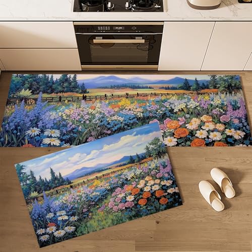 Tapis de cuisine grand format lavable en machine bleu imprimé fleurs - 4