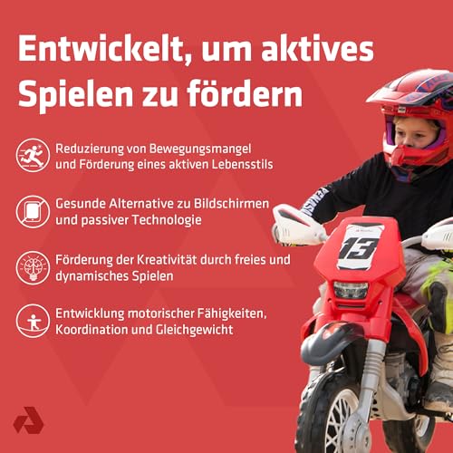 Elektro Cross Motorrad Kinder ab 3 Jahre 12V + Gaspedal + Stützräder – Dirtbike Kindermotorrad Akku – Realistisches Design + Elektrische Bremse + Räder mit Gummiprofil | INJUSA Thunder Max VX Rot – Bild 3