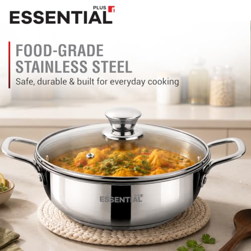 Image of BERGNER Essential Plus Stainless Steel Kadai with Glass Lid, 24cm (2.8 L), Even Heat Distribution, Consumes Less Oil, Healthy Cooking, Easy to Clean - Induction and Gas Stove Ready