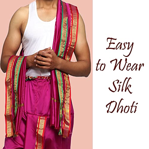Image of Rameshwaram Fabrics Readymade Dhoti for Men, Velcro Style Stitched Mens Silk Dhoti Pant with Stole Set