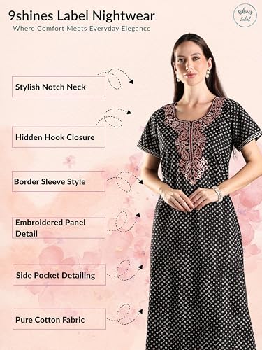 Image of 9shines Label Stylish Pure Cotton Nighty Maxi for Women | Embroidery Neckline Nightgown | A-Line Nightdress with Pocket | Floral Night Gown| Soft Comfortable Cotton Sleepwear (Cotton Yoke)