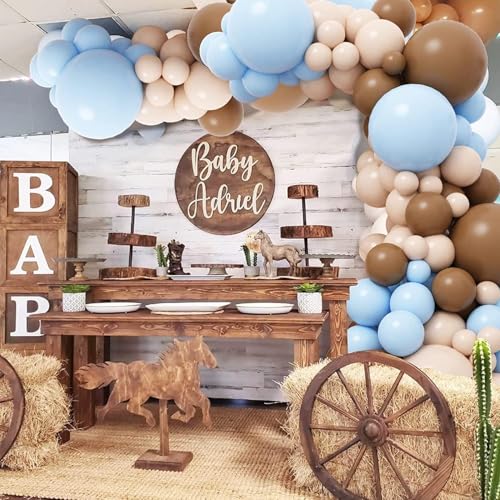 Image of Retro Brown Beige and Blue Balloons 50 pcs Cream Tan Pastel Blue Boho Theme Balloons Garland Kit for Welcome Baby Shower Birthday Anniversary Party Decorations (RK 8)