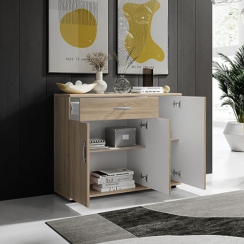 Stella Trading LILLY Kommode in Sonoma Eiche Optik - Modernes Sideboard mit viel Stauraum für Ihren Wohnbereich - 90 x 70 x 30 cm (B/H/T)