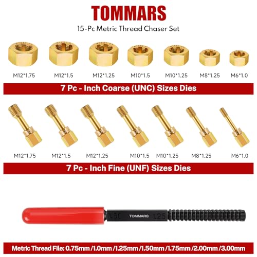 Image of TOMMARS 15-Piece Metric Thread Chaser Set, M6 M8 M10 and M12 | Thread Restorer Tool and Rethreading Repair Kit for Cleaning, Restoring and Repairing Damaged Metric Threads