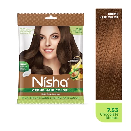 Image of Nisha Cream Permanent Hair Colour for Women & Men, Chocolate Blonde - 100% Grey Coverage, Long Lasting Hair Dye, Deep Shine & Conditioning with Natural Herbs, 50g (Pack of 4)