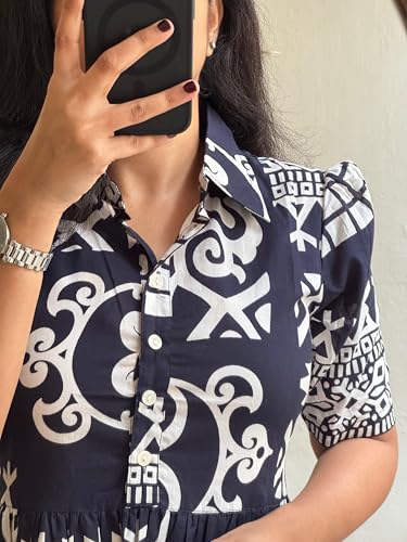 Image of Women Fit and Flare Blue Calf Length Dress Half Sleeves Printed Gown | Gown C1 7