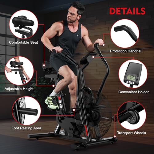 Image of pooboo Air-Resistance Exercise Fan Bike, Air Bike with Dual Acction Handlebars&Dual-Layer Transmission System, Stationary Bike with APP Connection for Home Gym HIIT Cardio Full Body Workout