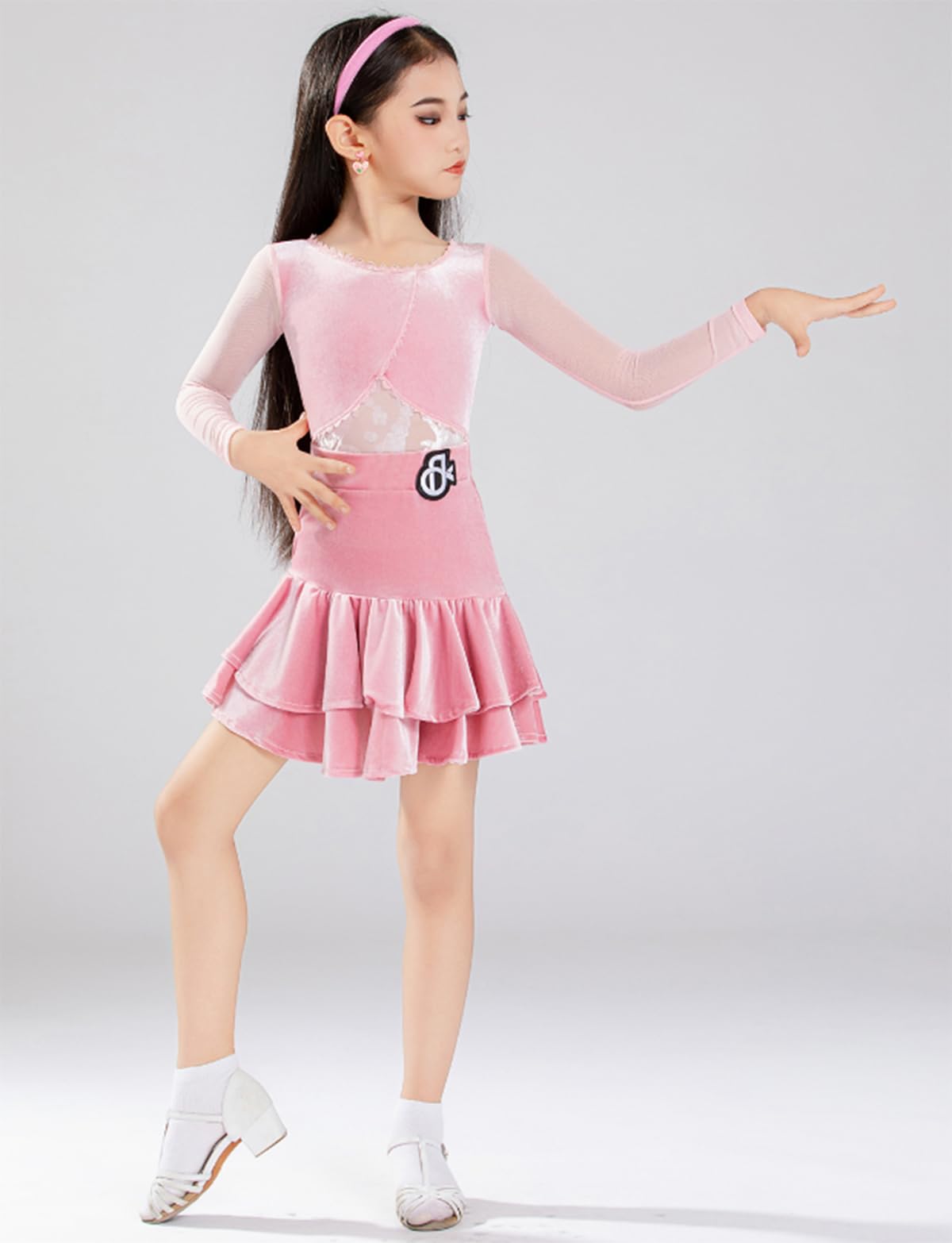 Lateintanz-Wettbewerbsoutfit für Mädchen, Samt-Tanzkleid mit Langen Ärmeln, Kinder-Cha-Rumba-Tanztrainings- und Wettkampfkleidung