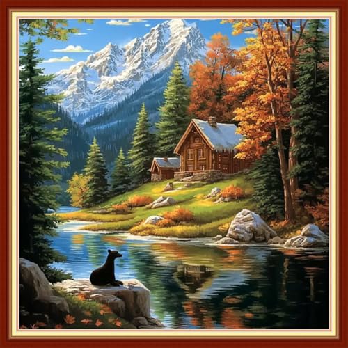 Image of Redxing Stamped Cross Stitch Kits Embroidery kit for Beginners Adults Full Range of Embroidery Patterns Starter Kits DIY Printed Cross Stitch Kits Needlepoint Kits 11CT-Lakeside Scenery 18x18 inchs