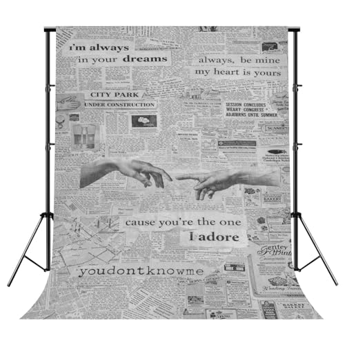 Photography Newspaper Backdrop Photography Background Heart Vintage Newspaper Collage Romantic Typography Black White for Photoshoot Portrait Photo Studio Video Prop Birthday Party Booth Decor 10x8ft