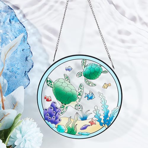 PLIGREAT Suncatchers Sea Fish Turtle Acrylic Stained Glass Sun Catcher Summer Patio Garden Hanging Tree Ornaments for Bedroom Living Room Window Decoration Wall Art Decor Housewarming Memorial Gifts