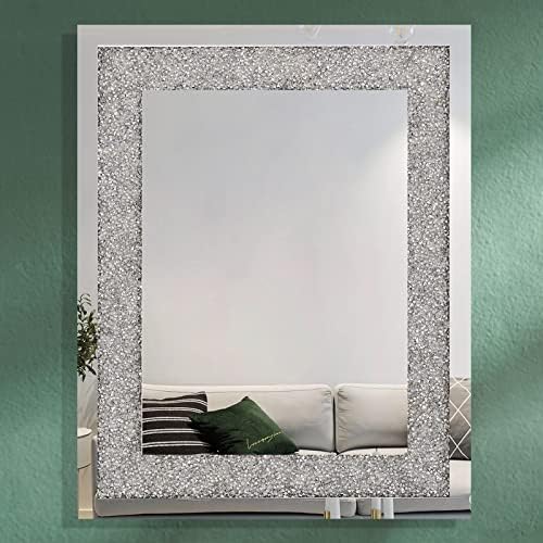 Crystal Crush Diamond Wall Mirror Rectangle Silver Mirror for Home Decoration Wall Decoration Wall Hang Frameless Mirror Acrylic Diamond Wall-Mounted Mirror Home Décor