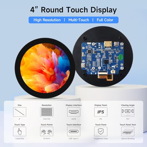Image of waveshare 4inch HDMI Round Touch Display, 720 x 720 Resolution, IPS, 10-Point Touch, Compatible with Raspberry Pi 5 /4B /3B+ /3A+ /2B /B+ /A+ /Zero /Zero W /WH /Zero 2W, Compatible with Jetson Nano and Mini PC