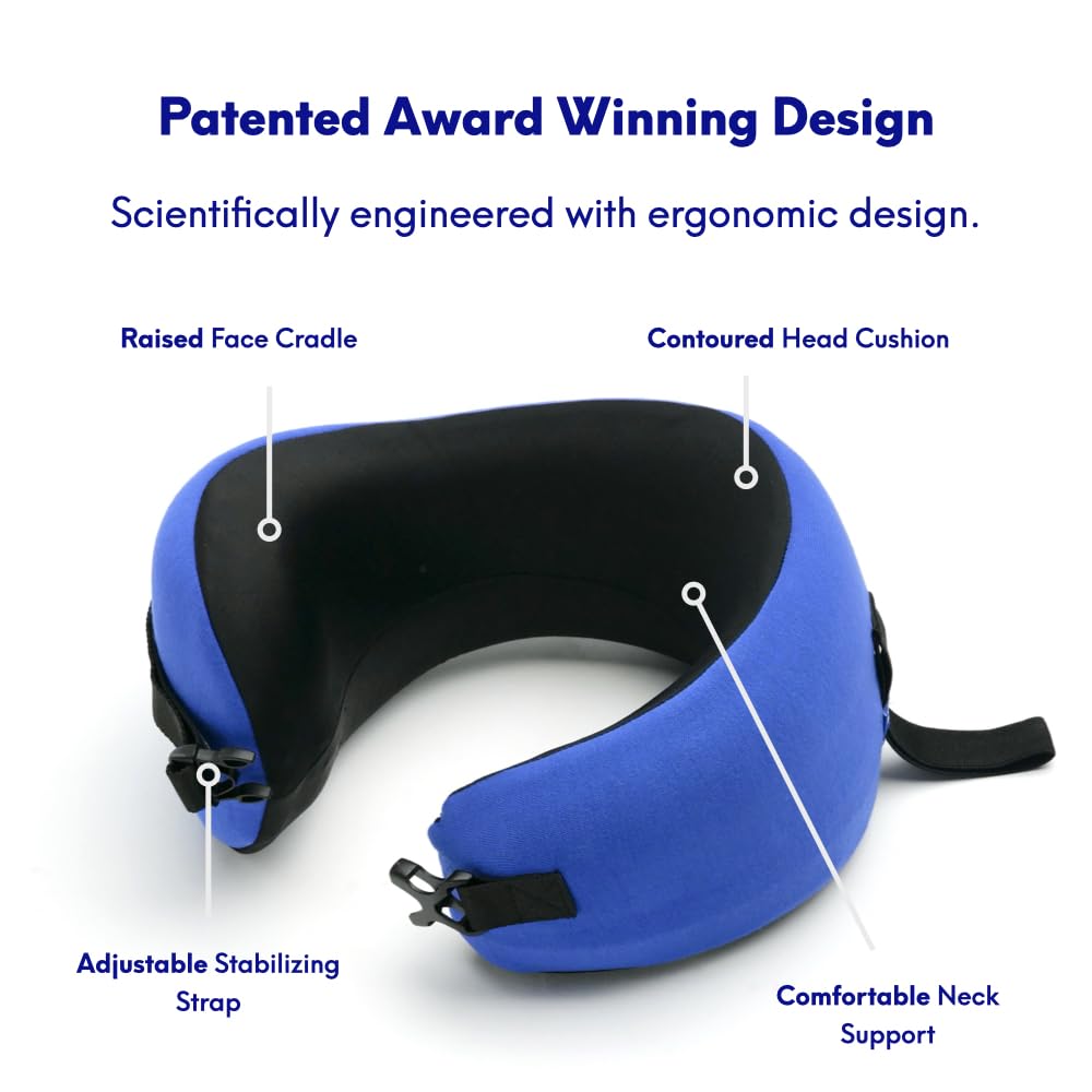 Cushion Lab - Almohada de viaje, diseño ergonómico patentado galardonado para soporte de barbilla y cuello, almohada de espuma viscoelástica, almohada compacta para viajes, vuelos, automóviles (azul