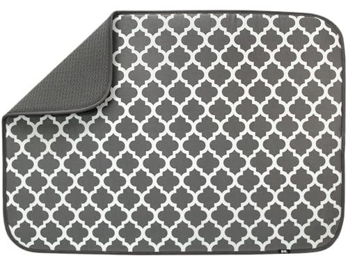 S&T INC. Dish Drying Mat XL, 18” x 24”, Absorbent Microfiber Kitchen Counter Mat, Dish Drying Pad for Dishes, Utensils, Pots and Pans, Extra Large, Pewter Grey Trellis