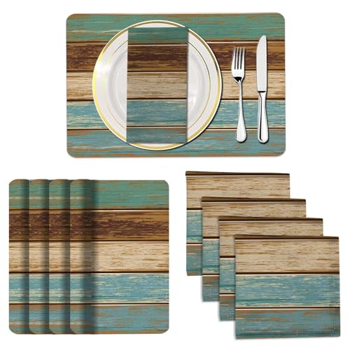 Mcalk 4 Each Farmhouse Teal Placemats and Cloth Napkins Set