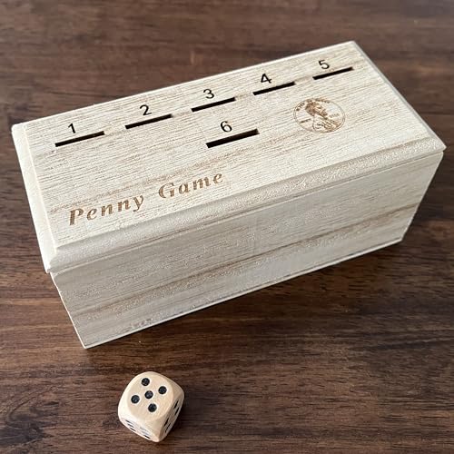 Penny Game - Fun Board Game Works with Coines Get Rid of Coins to Win Penny Game Wood Box for 2+ Players Simple + Strategic Dice Games
