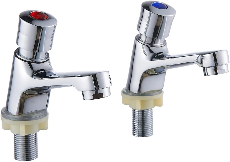 Bathroom Self Closing Pillar Basin Tap Hot&Cold Water Saving 1/2" Non Concussive Basin Taps with Chrome Finish