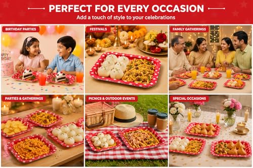 Image of Paper Plates | 8 inch - Pack of 20 | Disposable Plates Big Size for Snacking & Everyday Use Red Color