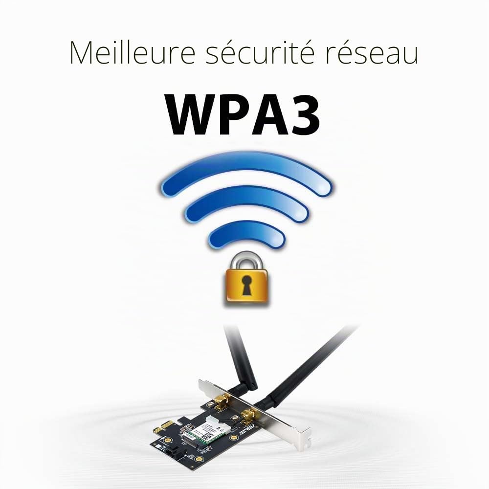 ASUS Adaptateur WiFi AX1800 PCIe (PCE-AX1800) – WiFi 6, Bluetooth 5.2, très faible latence sans fil, 2 antennes externes, prend en charge le débit total de données jusqu'à 1800 Mbps, sécurité réseau